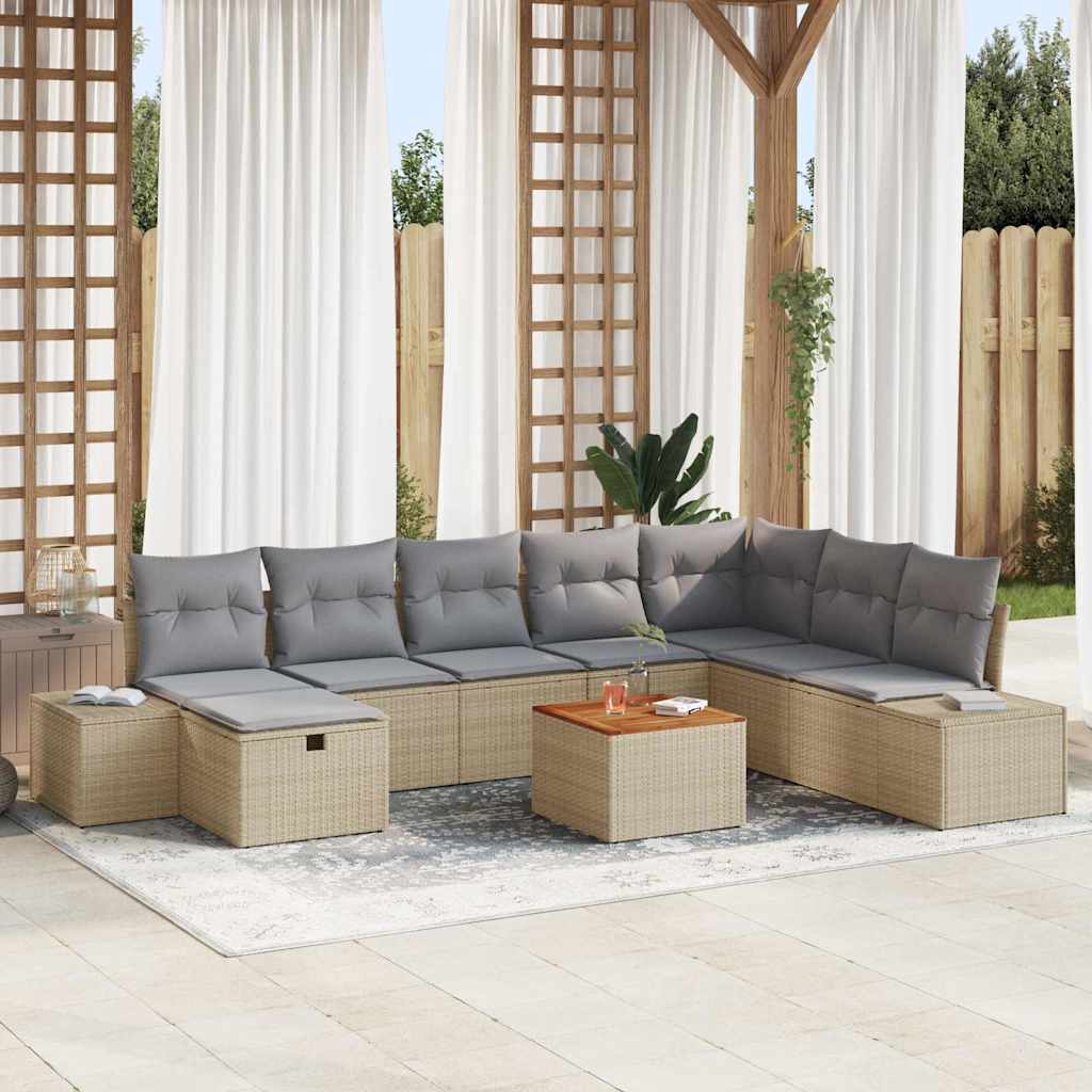 Conjunto de sofás de jardín con cojín 9 pcs Beige Poliratán
