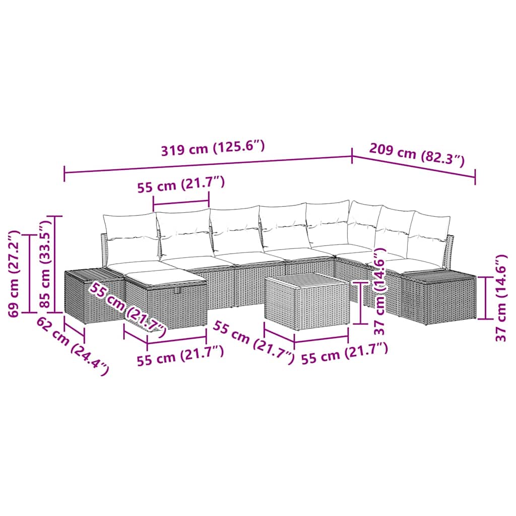 Conjunto de sofás de jardín con cojín 9 pcs Beige Poliratán