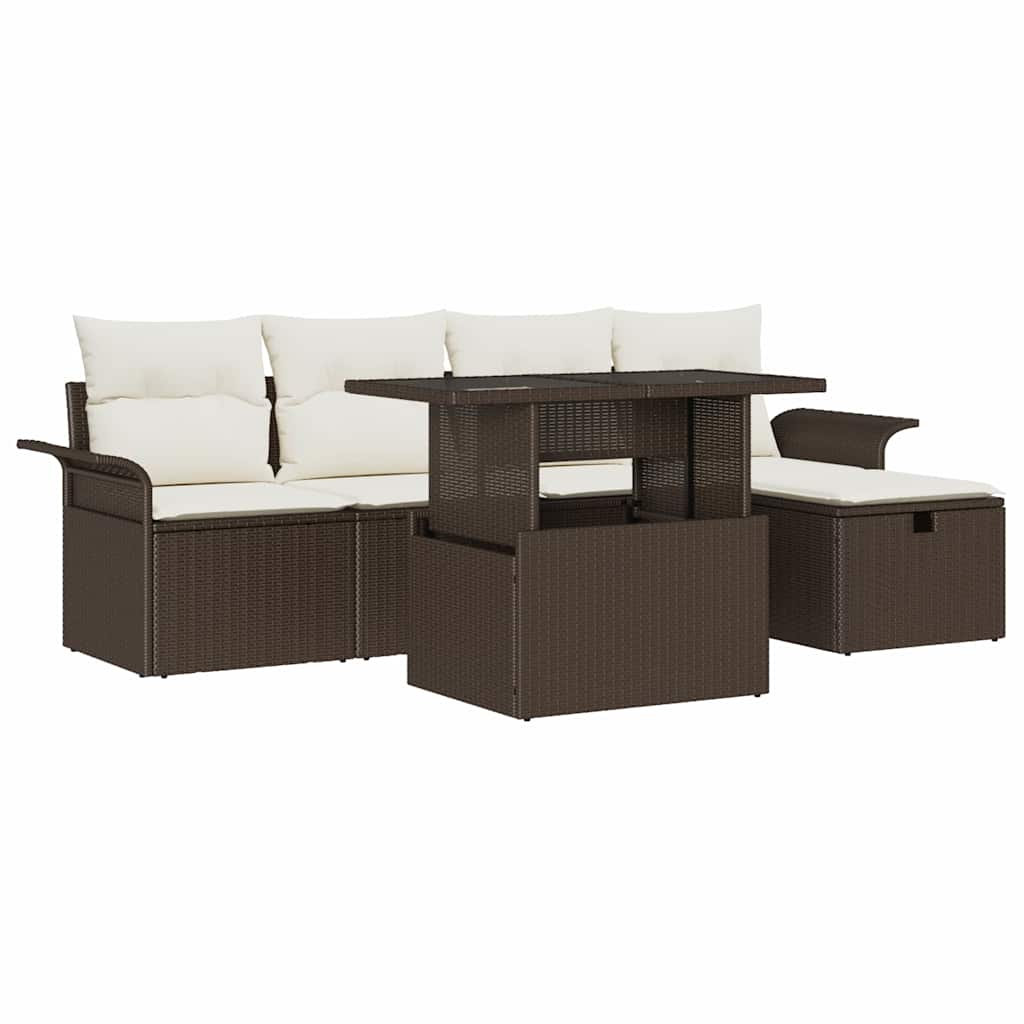 Conjunto de sofá de jardín con cojín 6 pcs Marrón Poliratán