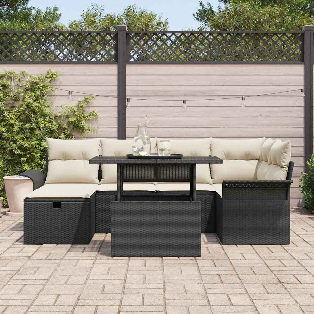 Conjunto de sofá de jardín con cojín 7 pcs Negro Poliratán