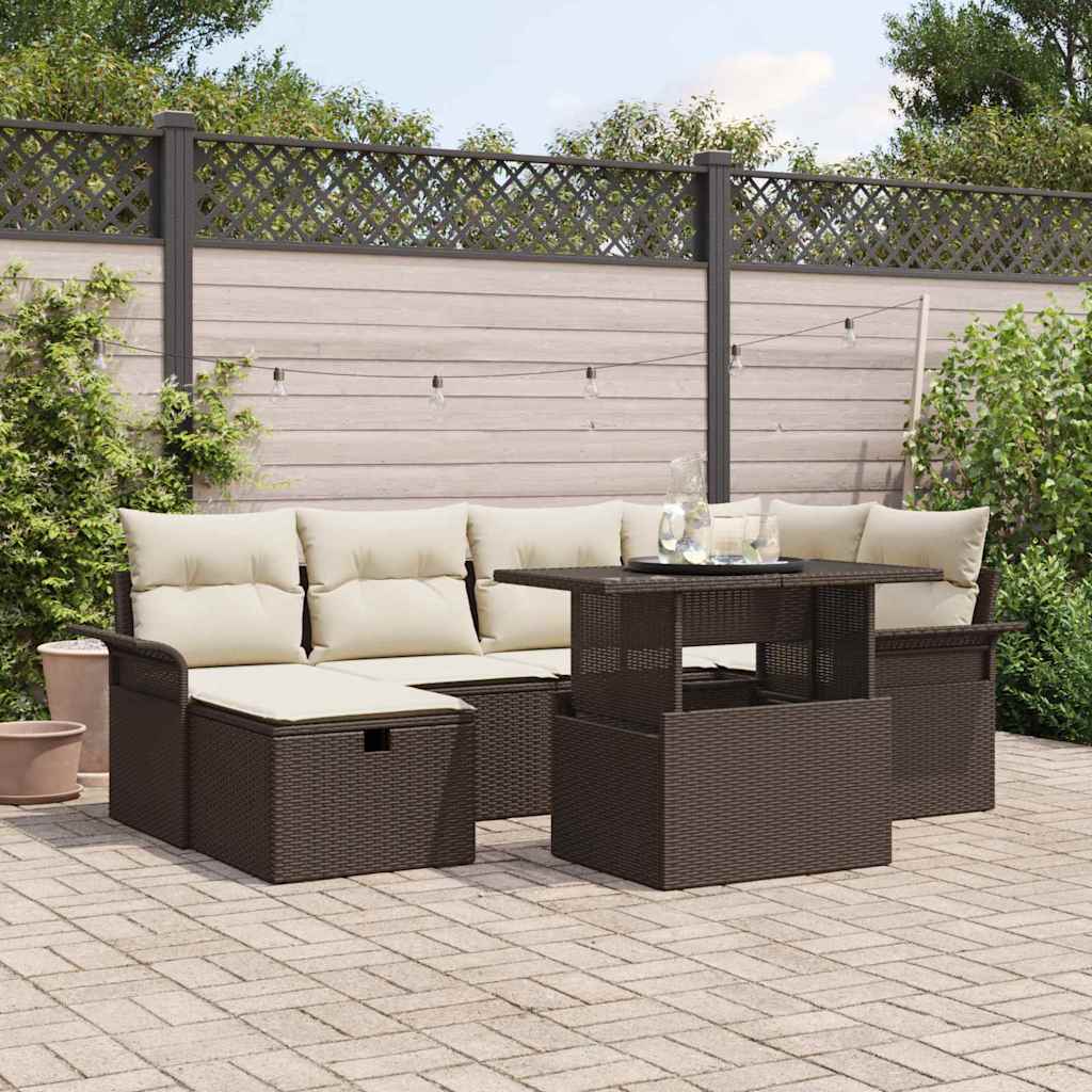 Conjunto de sofá de jardín con cojín 7 pcs Marrón Poliratán