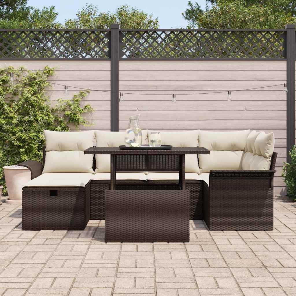 Conjunto de sofá de jardín con cojín 7 pcs Marrón Poliratán
