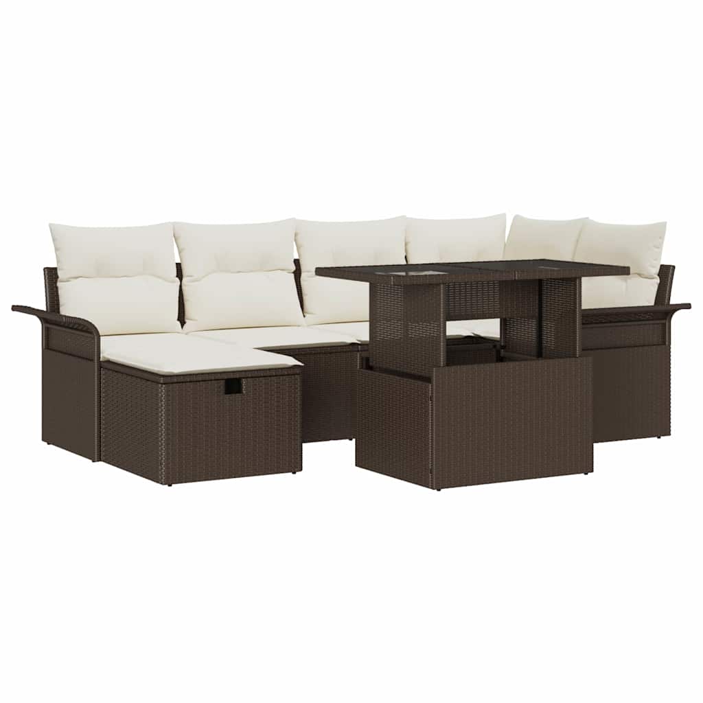 Conjunto de sofá de jardín con cojín 7 pcs Marrón Poliratán