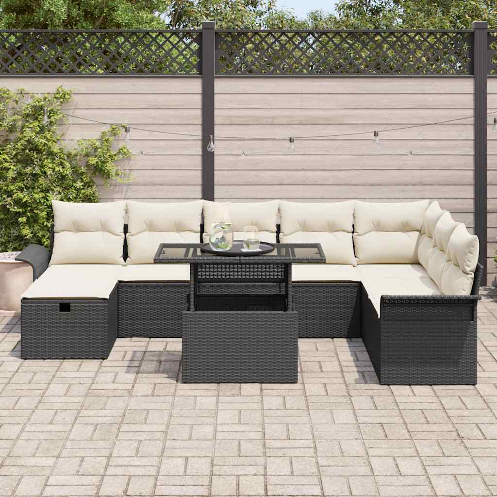 Conjunto de sofá de jardín con cojín 9 pcs Negro Poliratán