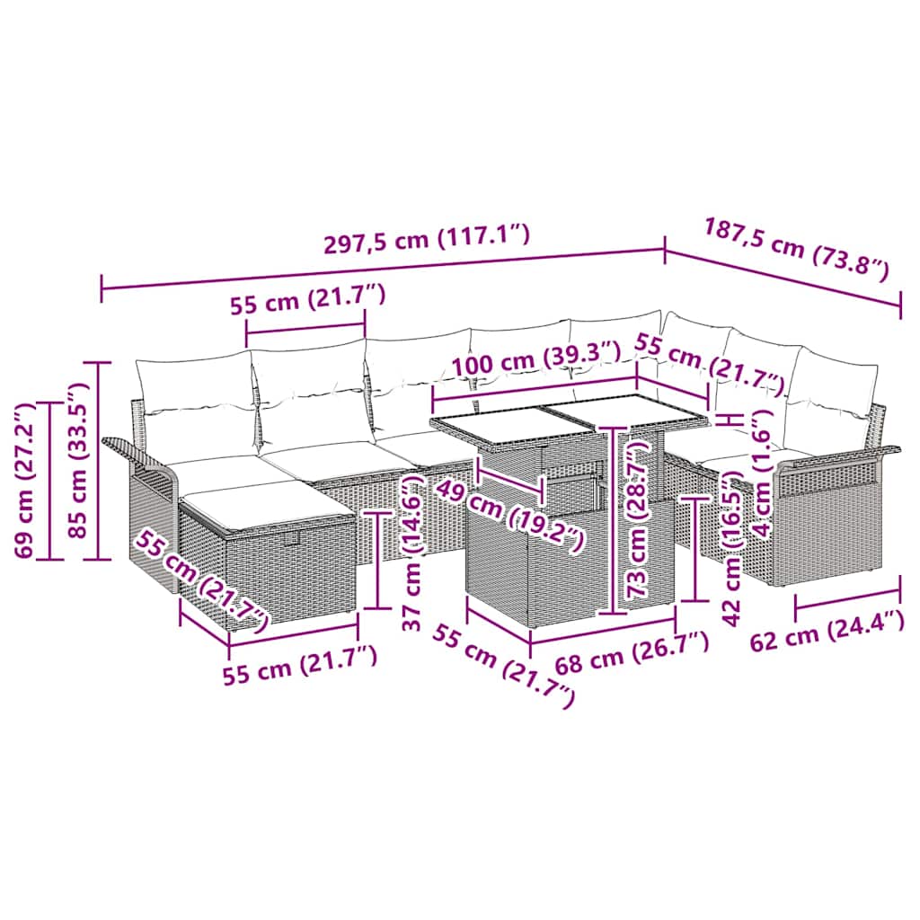 Conjunto de sofá de jardín con cojín 9 pcs Gris Poliratán