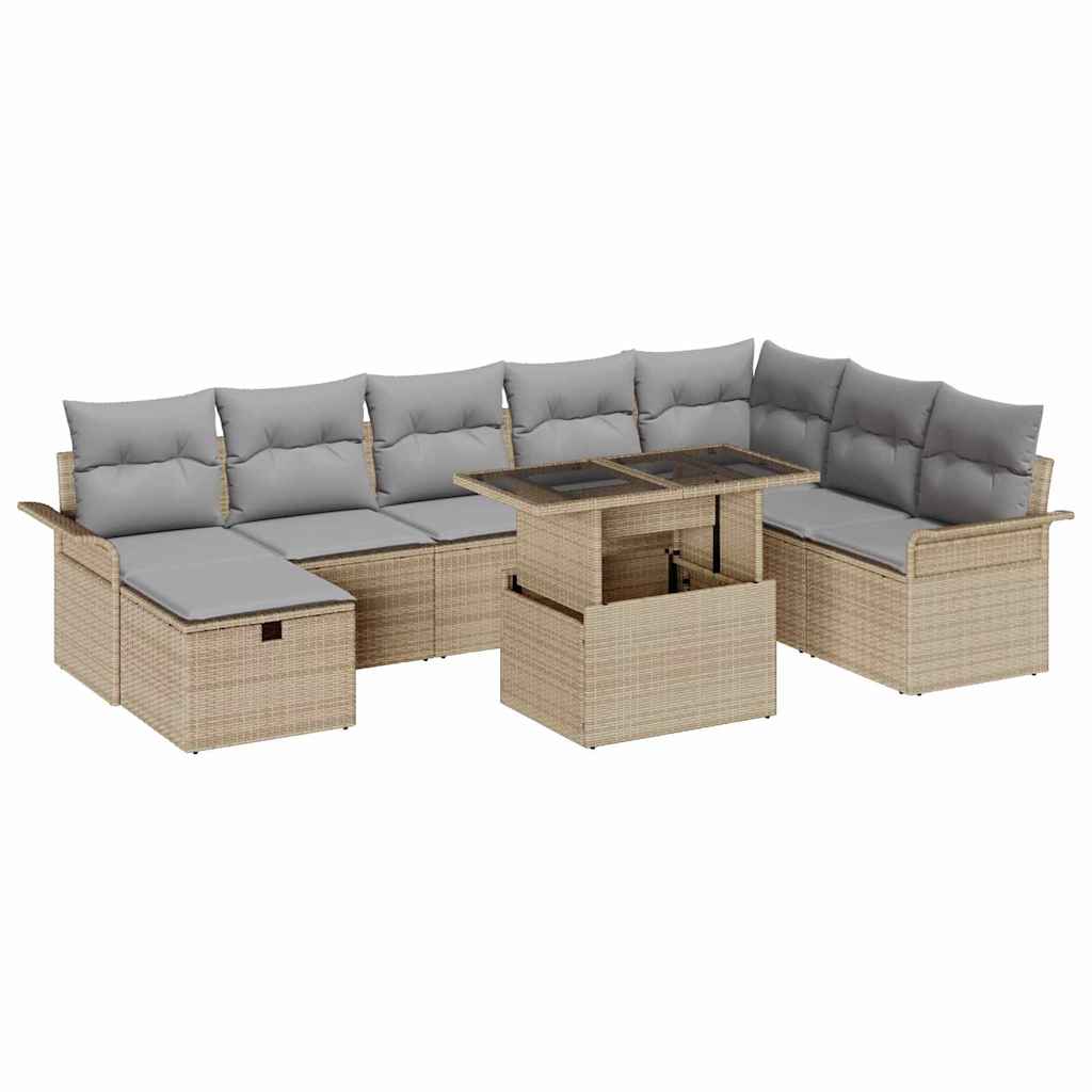 Conjunto de sofá de jardín con cojín 9 pcs Beige Poliratán