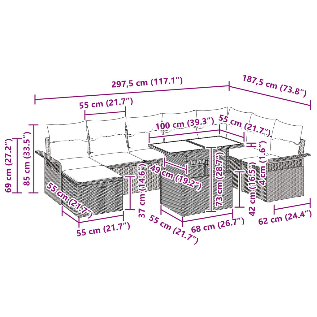 Conjunto de sofá de jardín con cojín 9 pcs Gris Poliratán