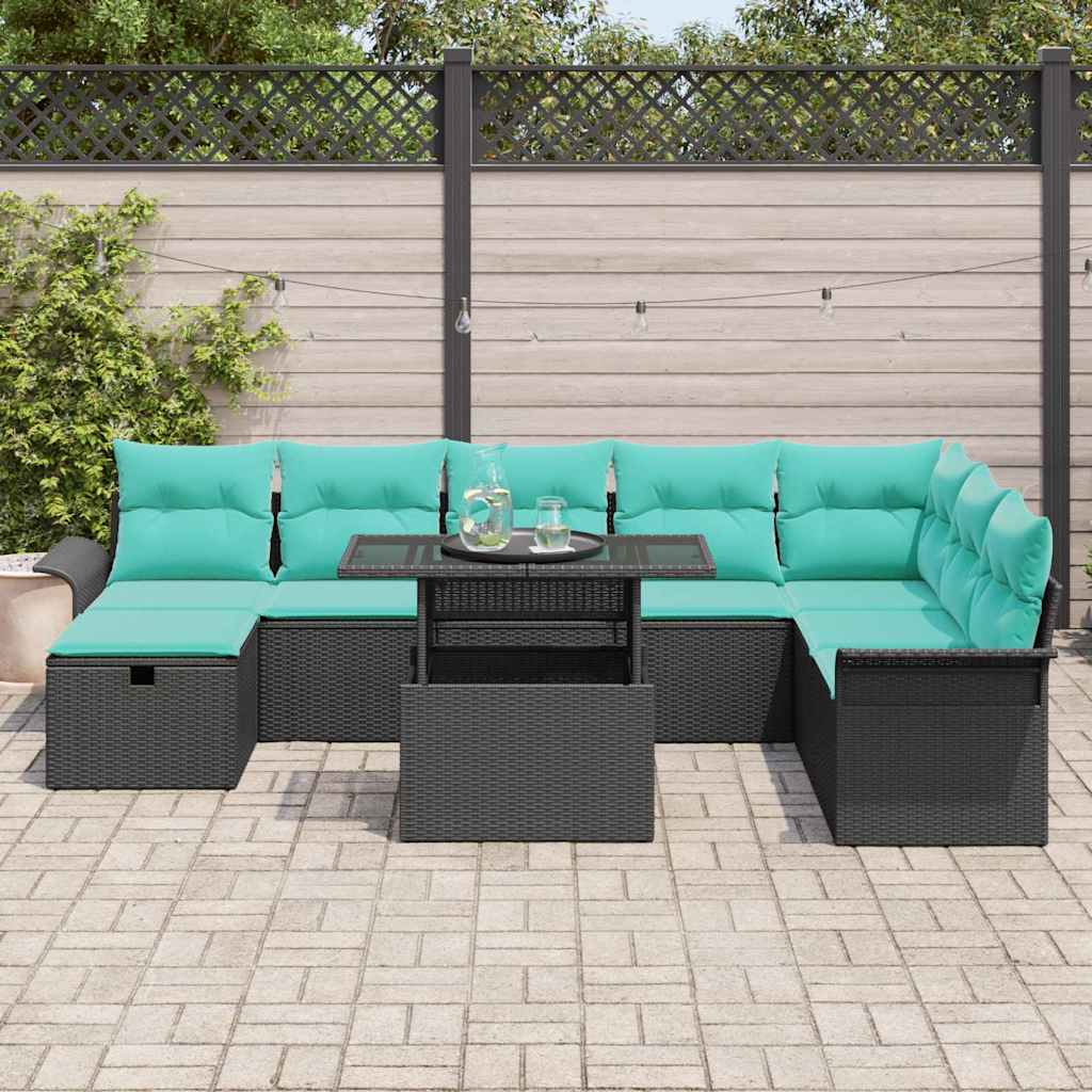 Conjunto de sofá de jardín con cojín 9 pcs Negro Poliratán