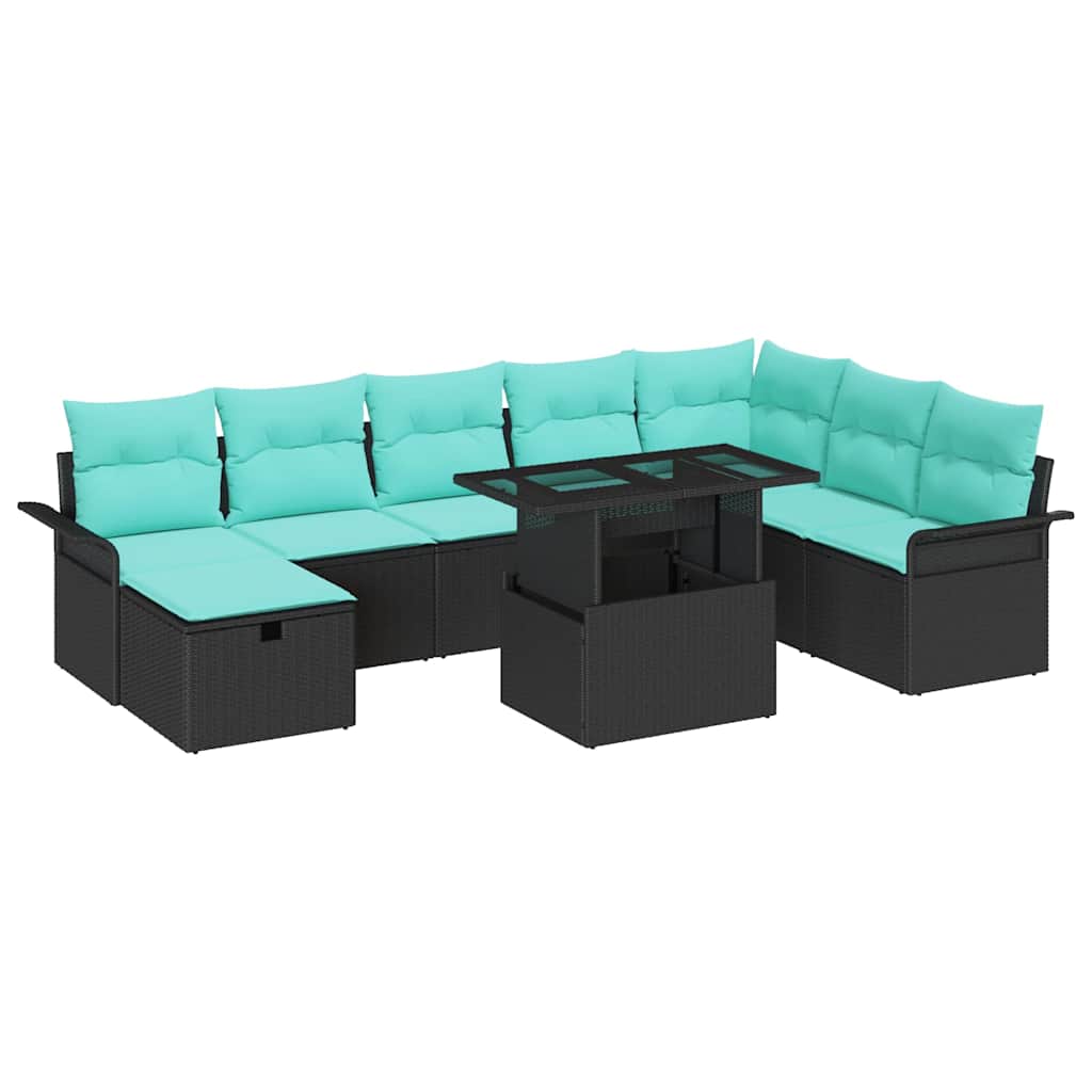 Conjunto de sofá de jardín con cojín 9 pcs Negro Poliratán