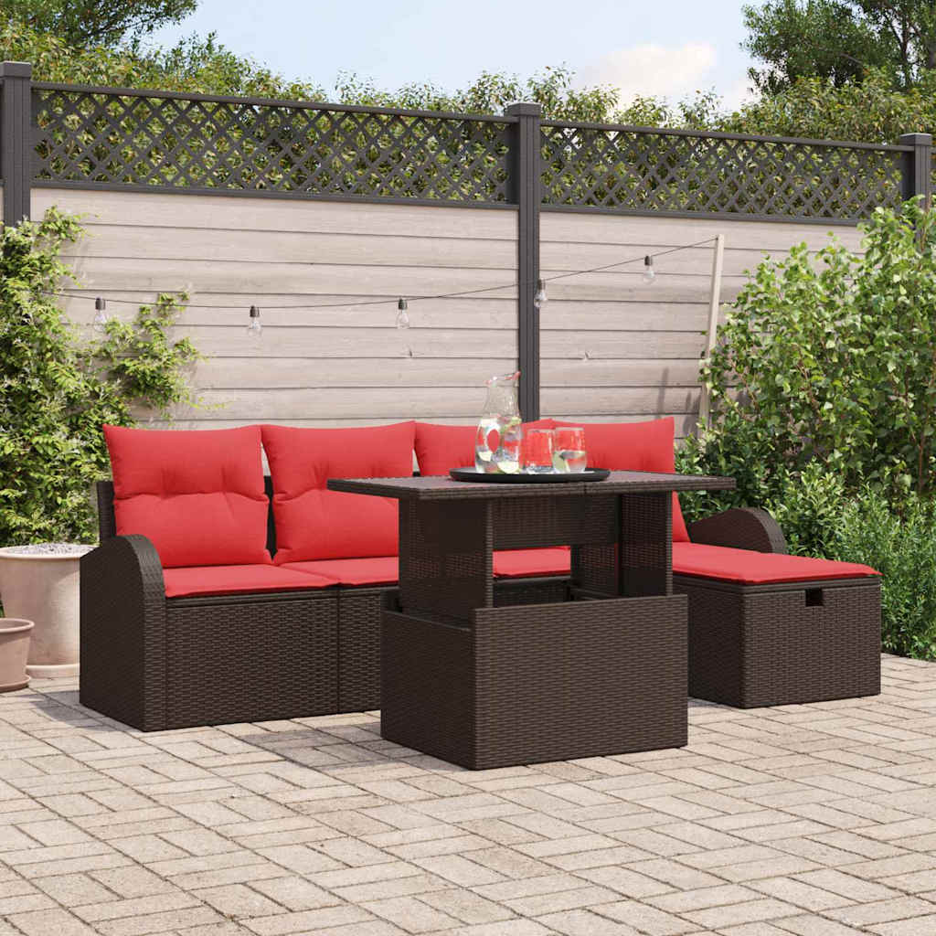 Conjunto de sofá de jardín con cojín 6 pcs Marrón Poliratán