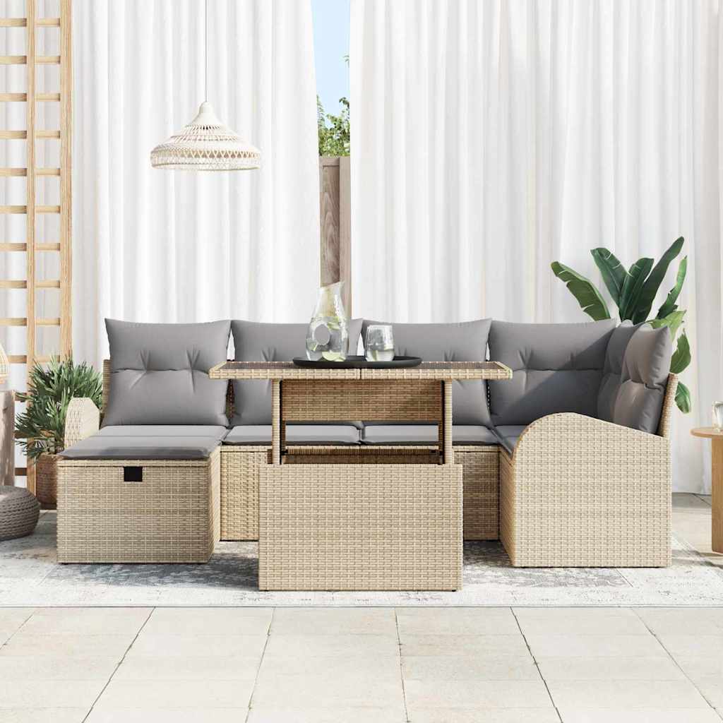 Conjunto de sofá de jardín con cojín 7 pcs Beige Poliratán