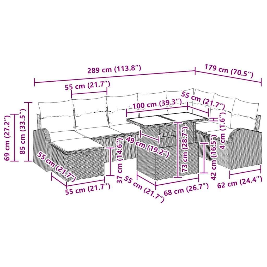 Conjunto de sofá de jardín con cojín 9 pcs Beige Poliratán