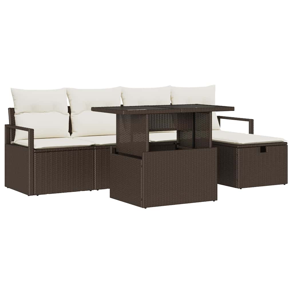 Conjunto de sofá de jardín con cojín 6 pcs Marrón Poliratán