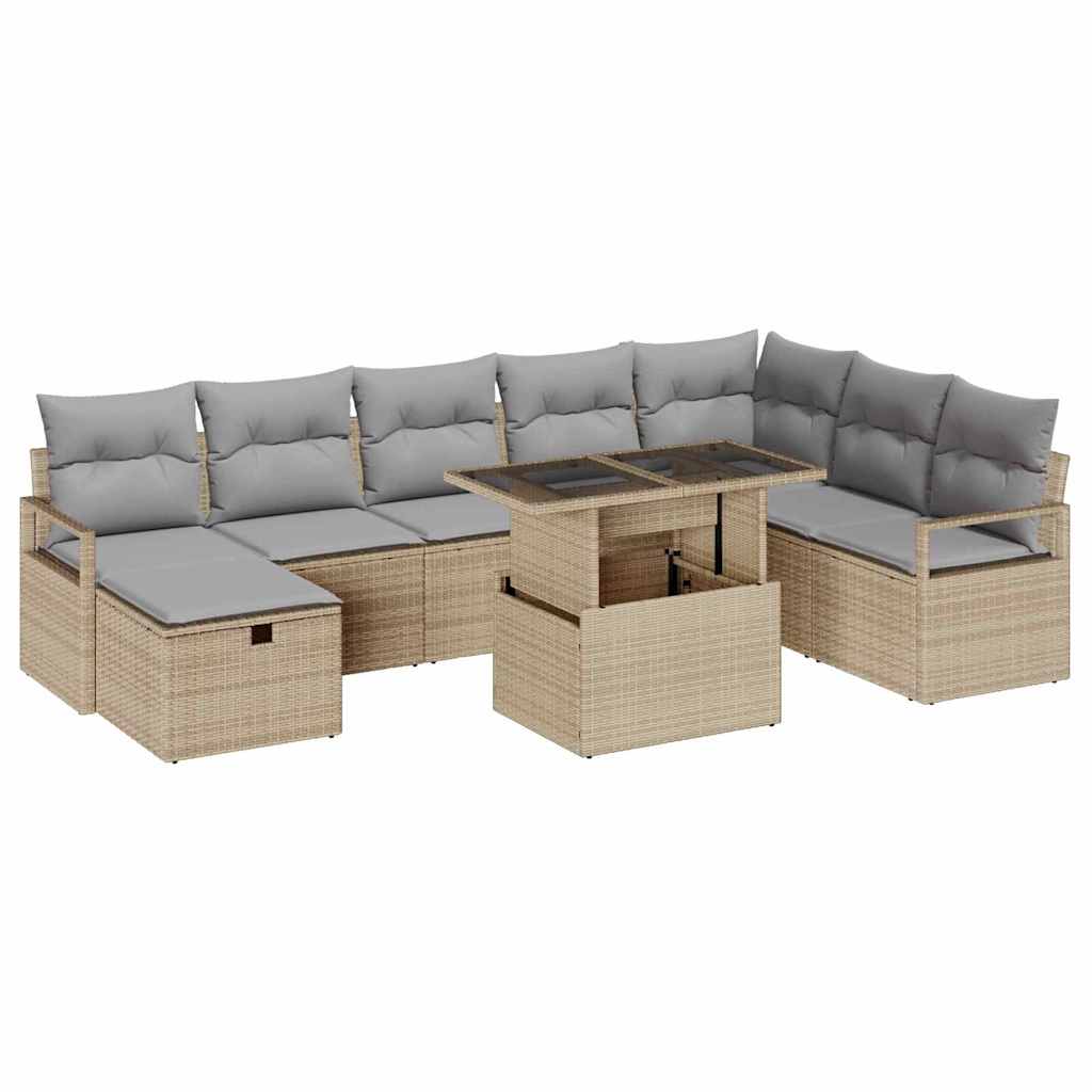 Conjunto de sofá de jardín con cojín 9 pcs Beige Poliratán