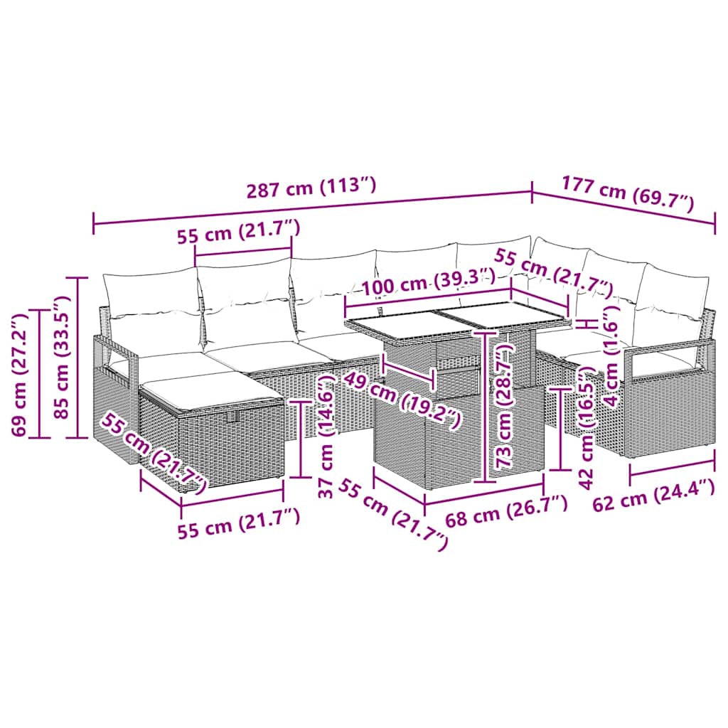 Conjunto de sofá de jardín con cojín 9 pcs Beige Poliratán