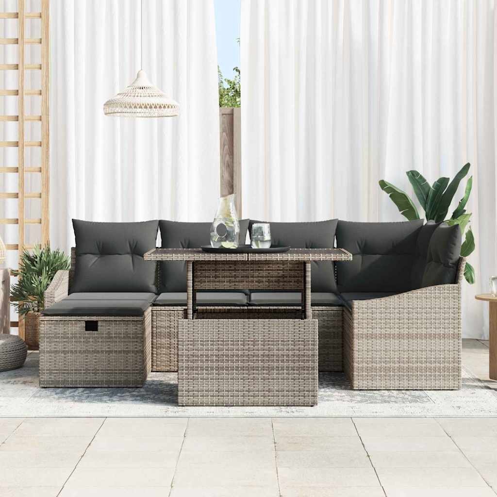 Conjunto de sofá de jardín con cojín 7 pcs Gris ratán sintético