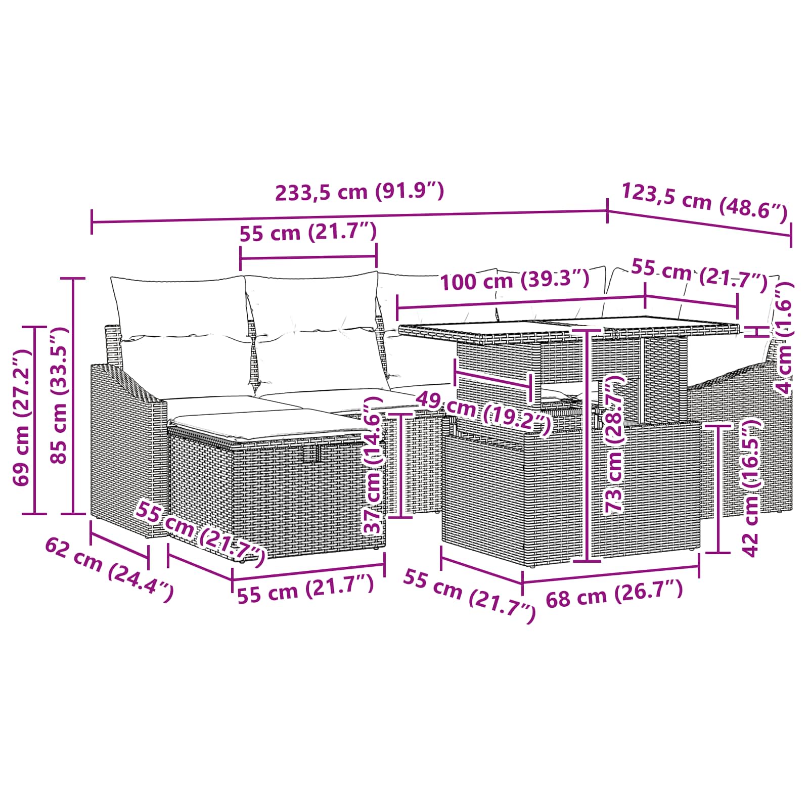 Conjunto de sofá de jardín 7 pcs Gris ratán sintético