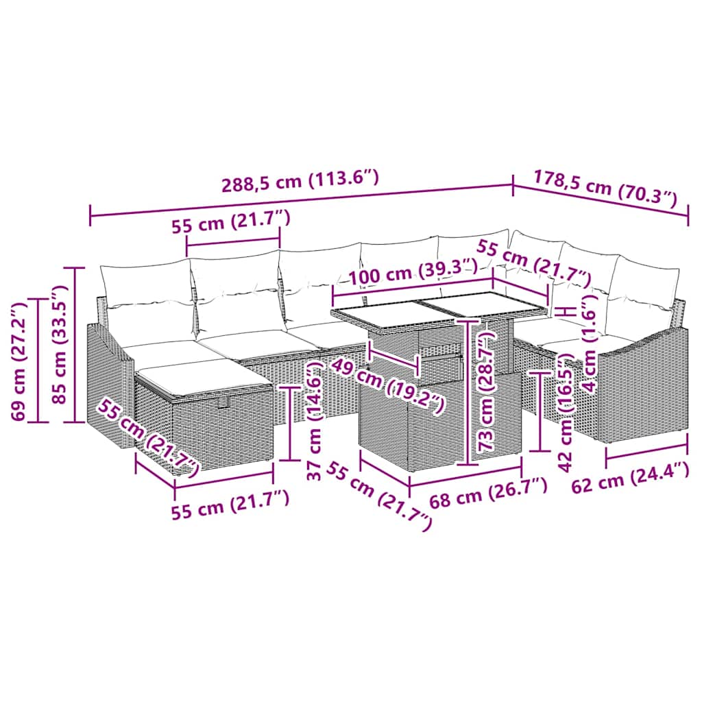 Conjunto de sofá de jardín 9 pcs Beige ratán sintético