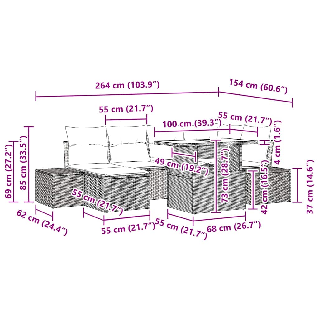 Conjunto de sofá de jardín 7 pcs Gris Claro ratán sintético