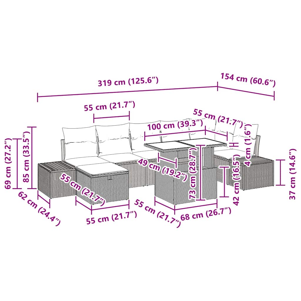 Conjunto de sofá de jardín 8 pcs Beige ratán sintético