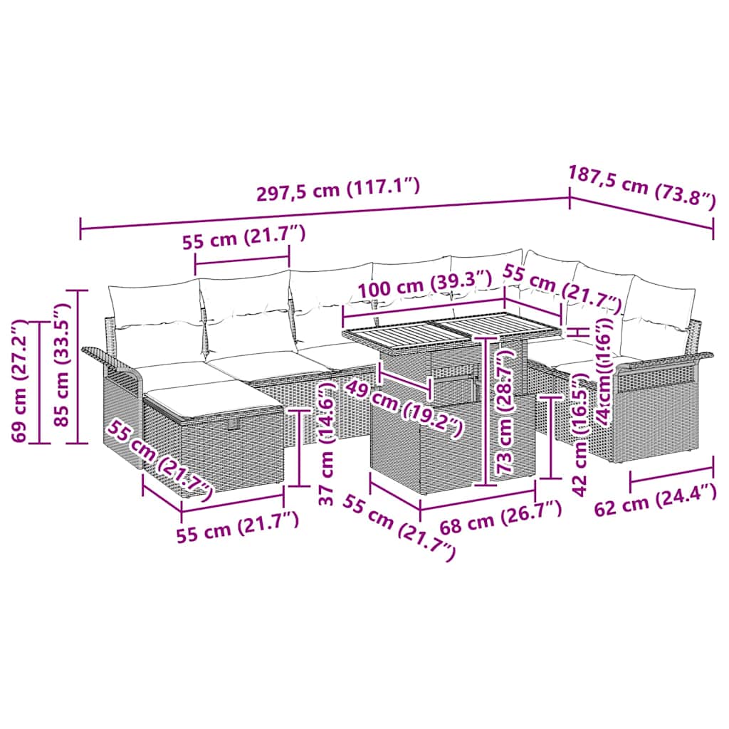 Conjunto de sofá de jardín 9 pcs Beige ratán sintético