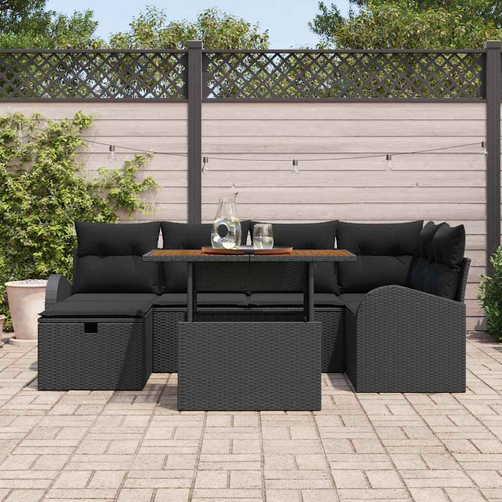 Conjunto de sofá de jardín 7 pcs Negro ratán sintético