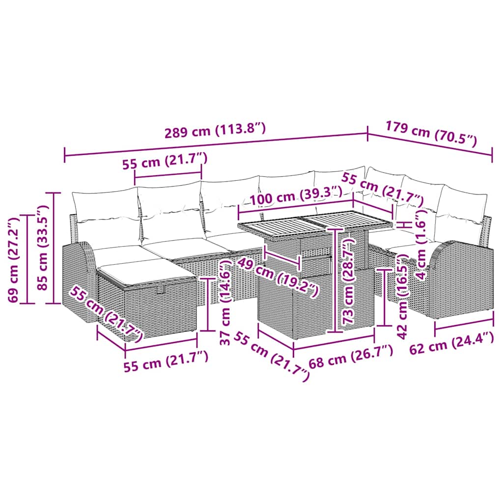 Conjunto de sofá de jardín 9 pcs Negro ratán sintético