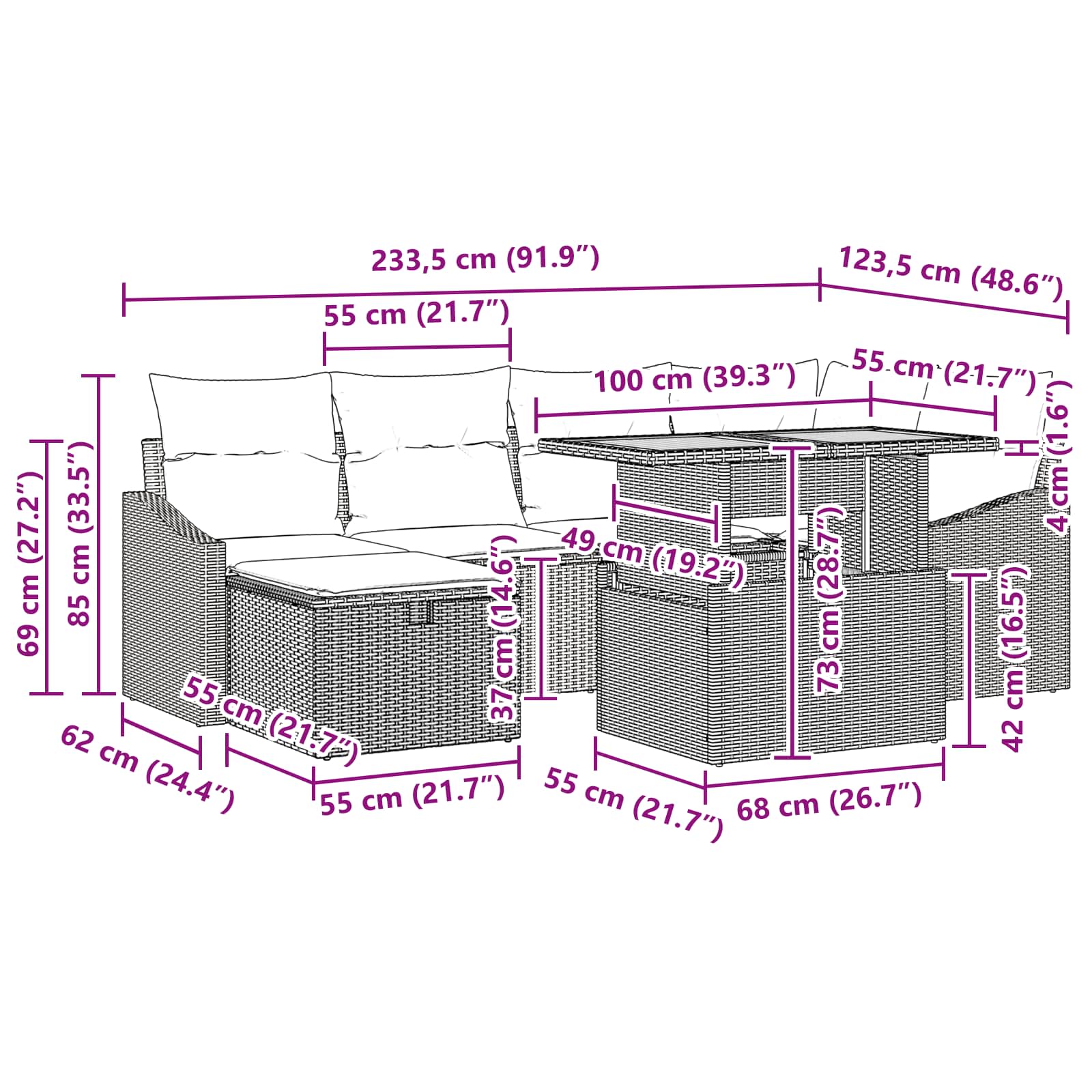Conjunto de sofá de jardín 7 pcs Gris ratán sintético