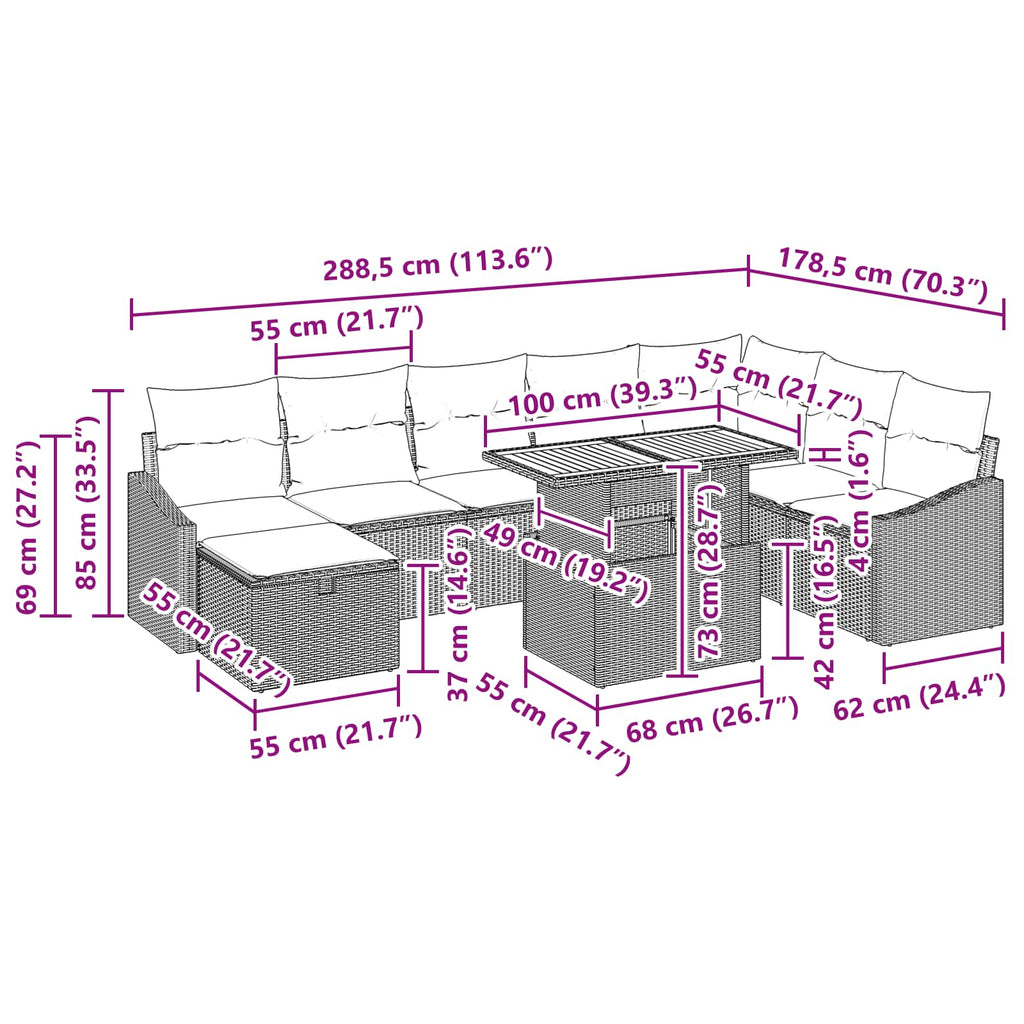 Conjunto de sofá de jardín 9 pcs Gris ratán sintético