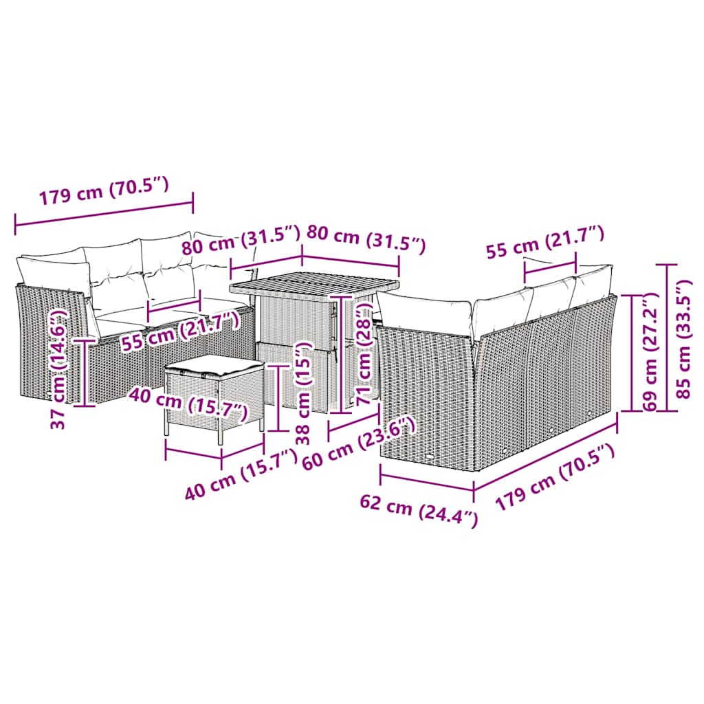 Conjunto de sofá de jardín 9 pcs Beige ratán sintético