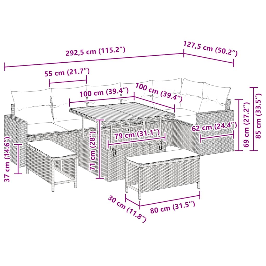 Conjunto de sofás de jardín 9 pcs Beige ratán sintético