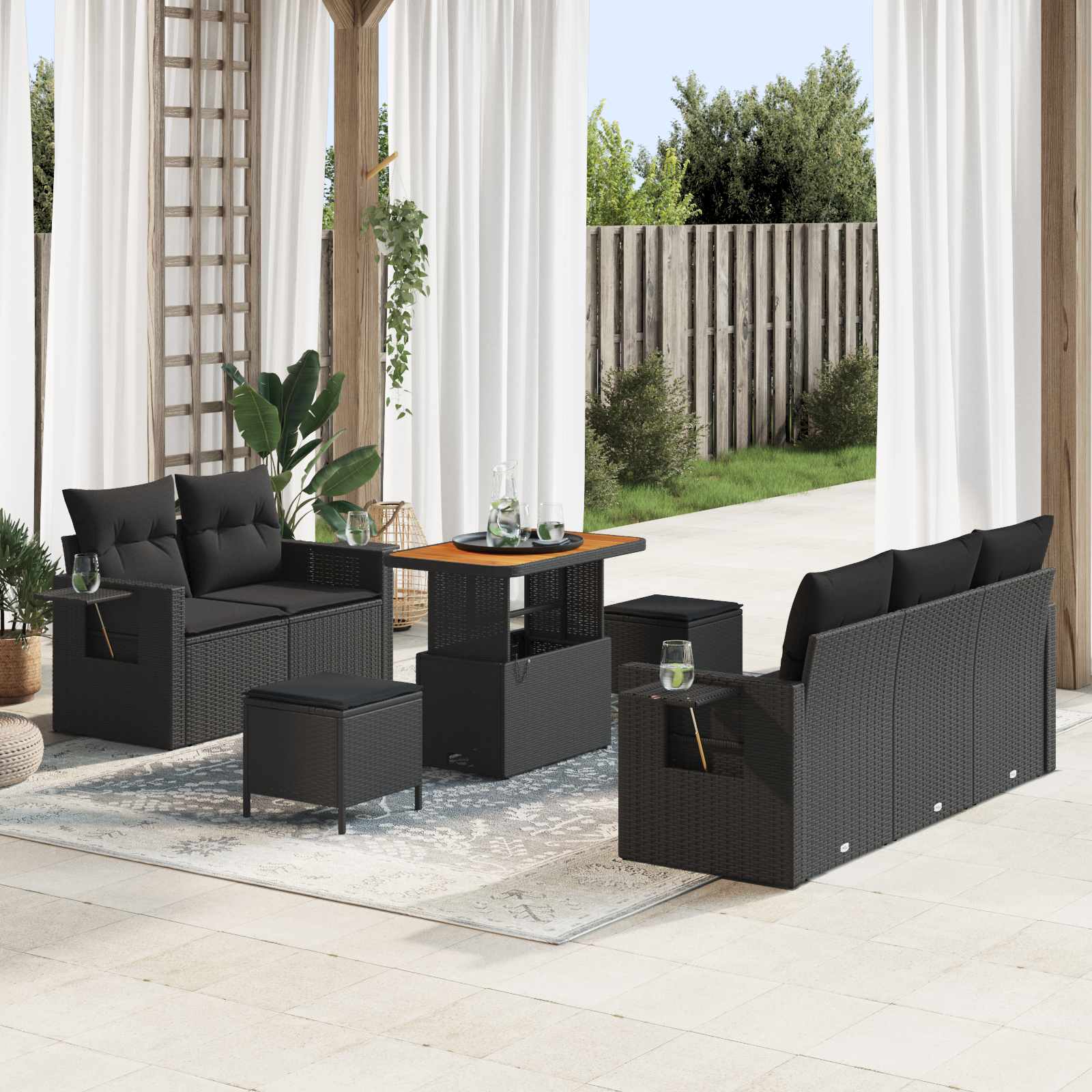 Conjunto de sofá de jardim 8 pcs Preto vime sintético