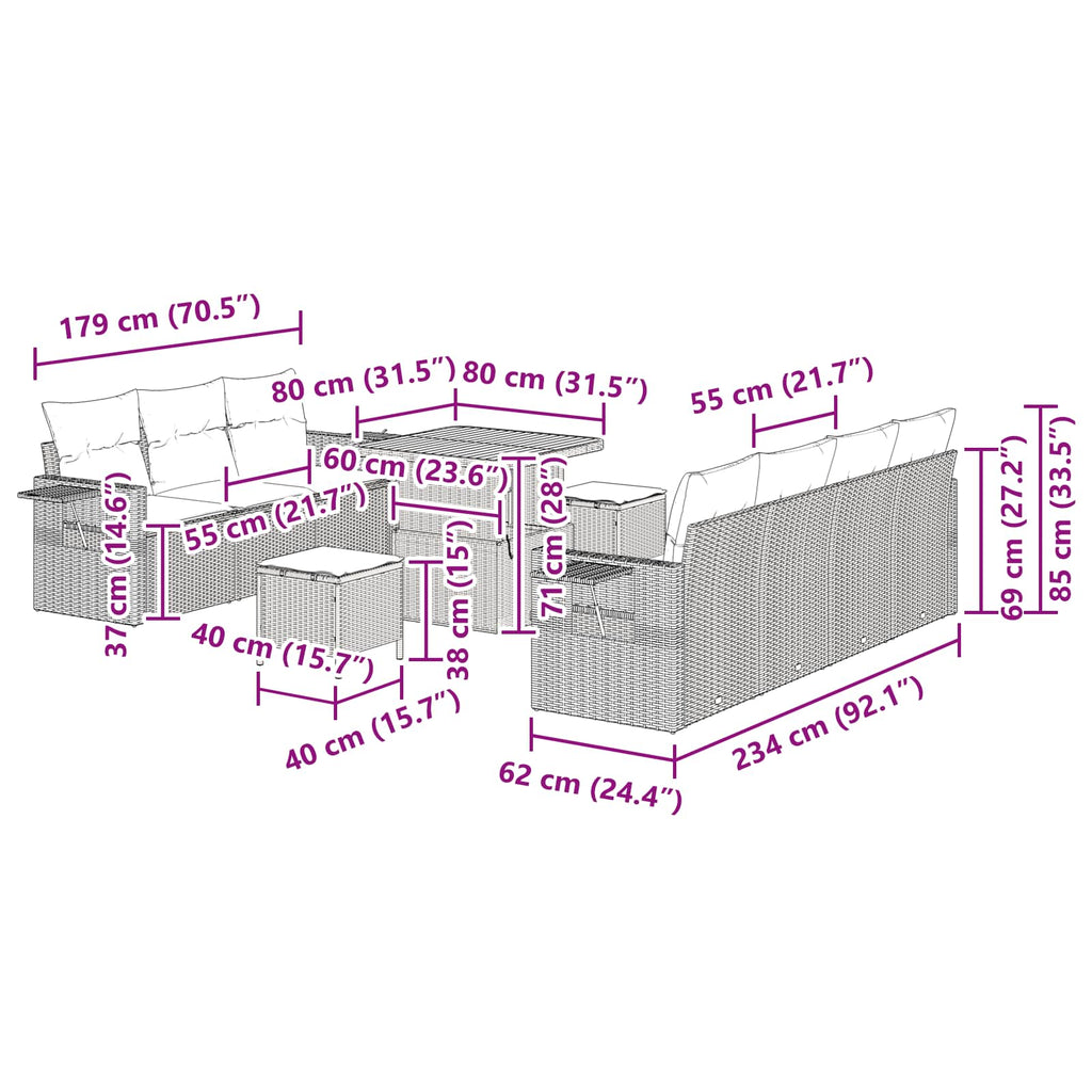 Conjunto de sofá de jardín 10 pcs Negro ratán sintético