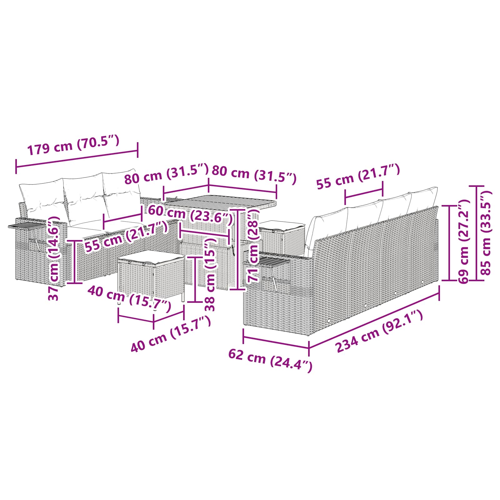 Conjunto de sofá de jardín 10 pcs Negro ratán sintético