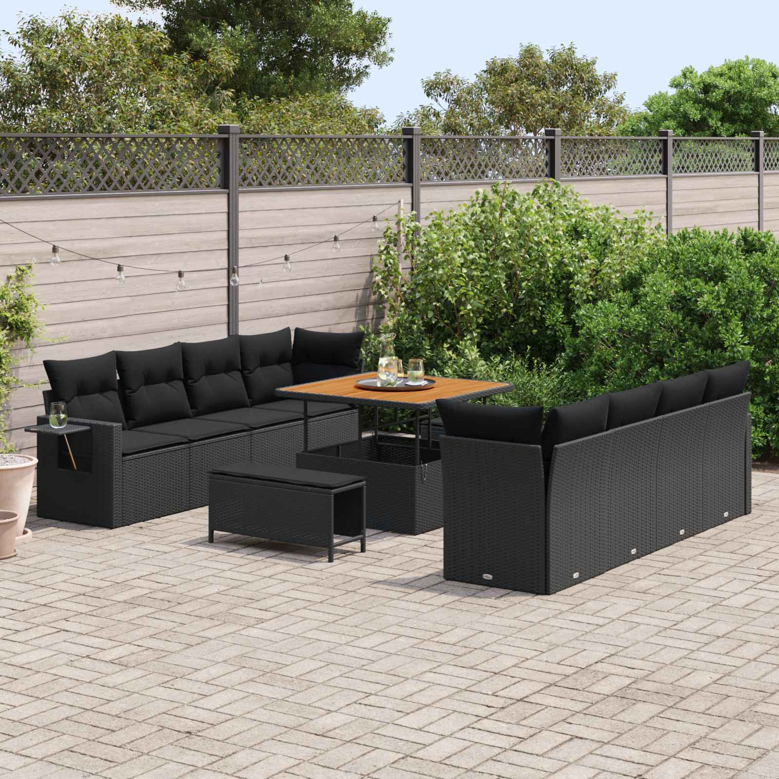 Conjunto de sofá de jardín con cojín 11 pcs Negro Poliratán