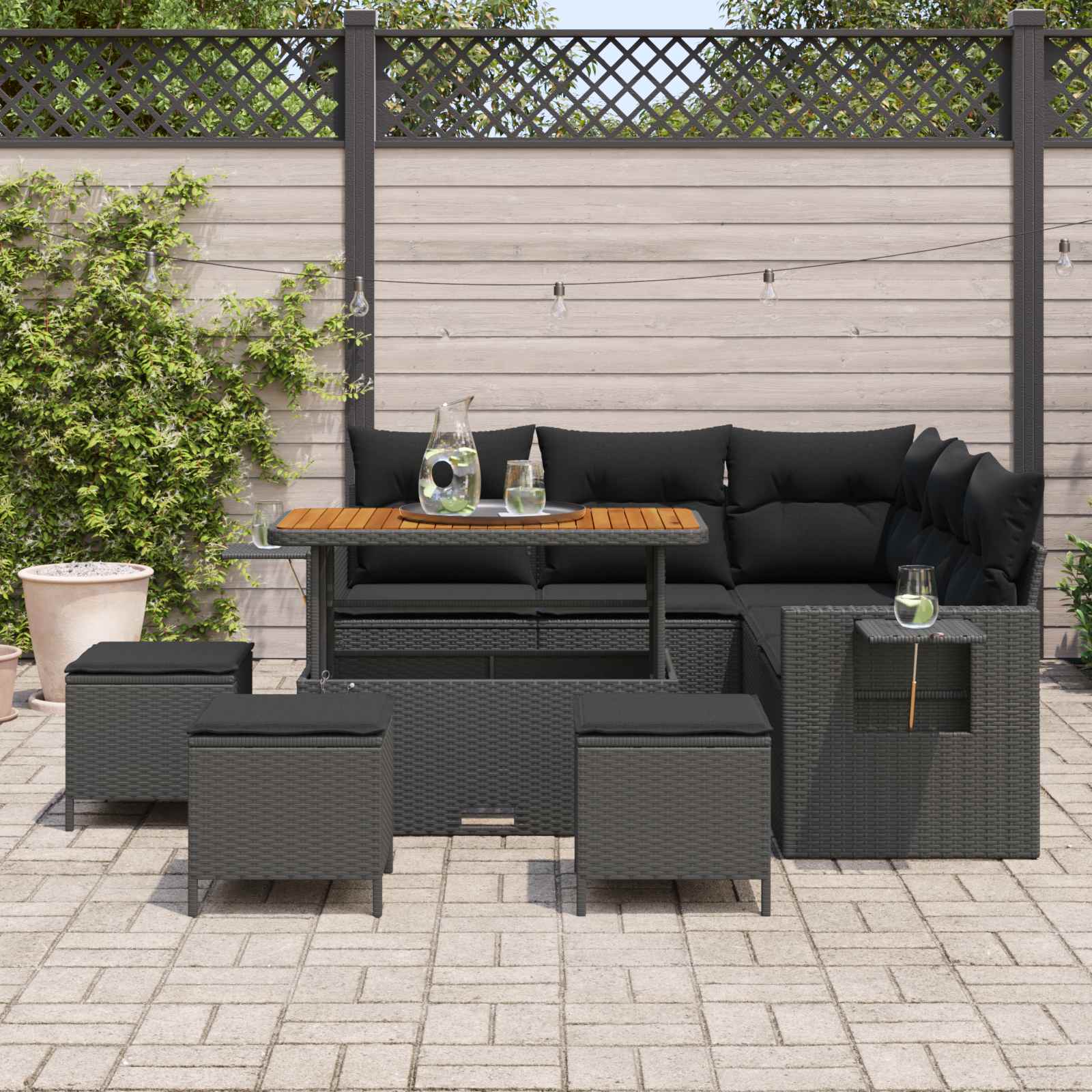 Conjunto de sofá de jardín 9 pcs Negro ratán sintético