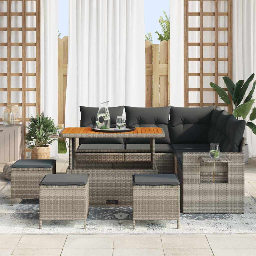 Conjunto de sofá de jardín con cojín 9 pcs Gris ratán sintético