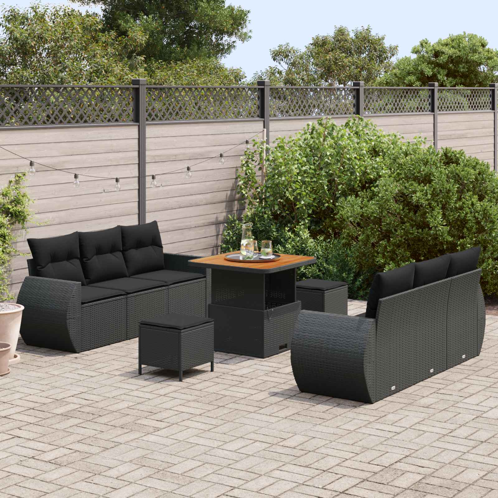 Conjunto de sofá de jardín 9 pcs Negro ratán sintético