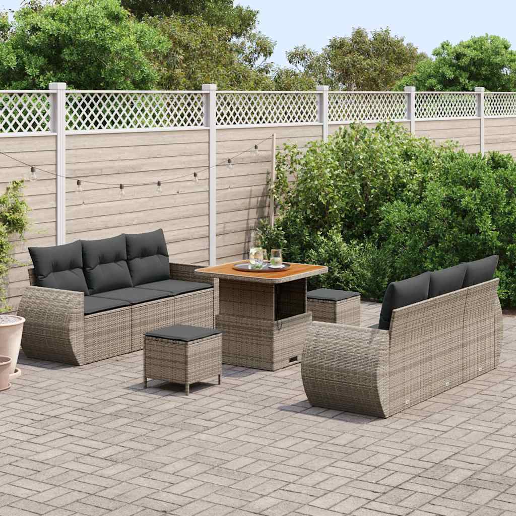 Conjunto de sofá de jardín con cojín 9 pcs Gris ratán sintético