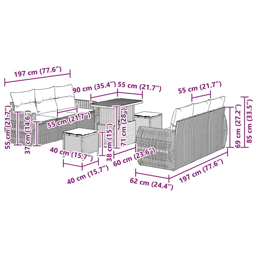 Conjunto de sofá de jardín 9 pcs Gris ratán sintético