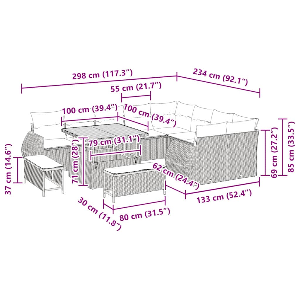 Conjunto de sofás de jardín 12 pcs Beige ratán sintético