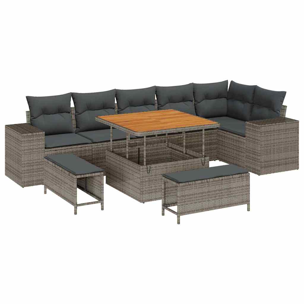 Conjunto de sofá de jardín con cojín 9 pcs Gris ratán sintético