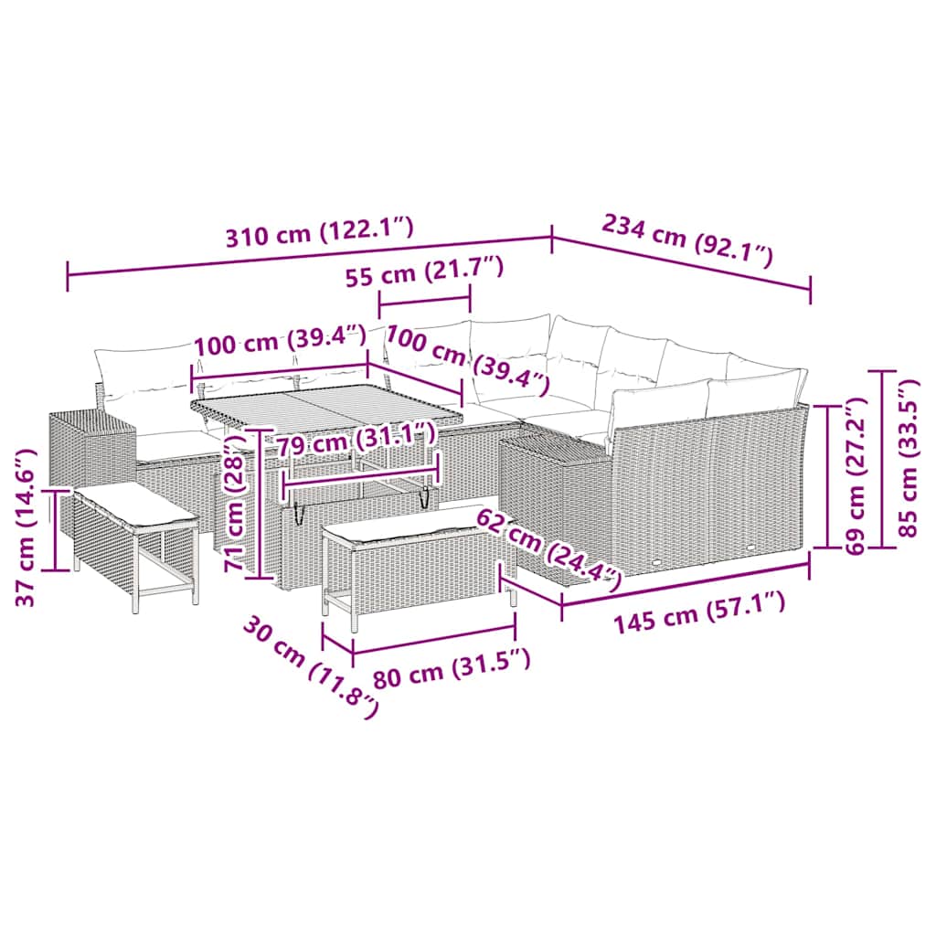Conjunto de sofá de jardín 12 pcs Beige ratán sintético