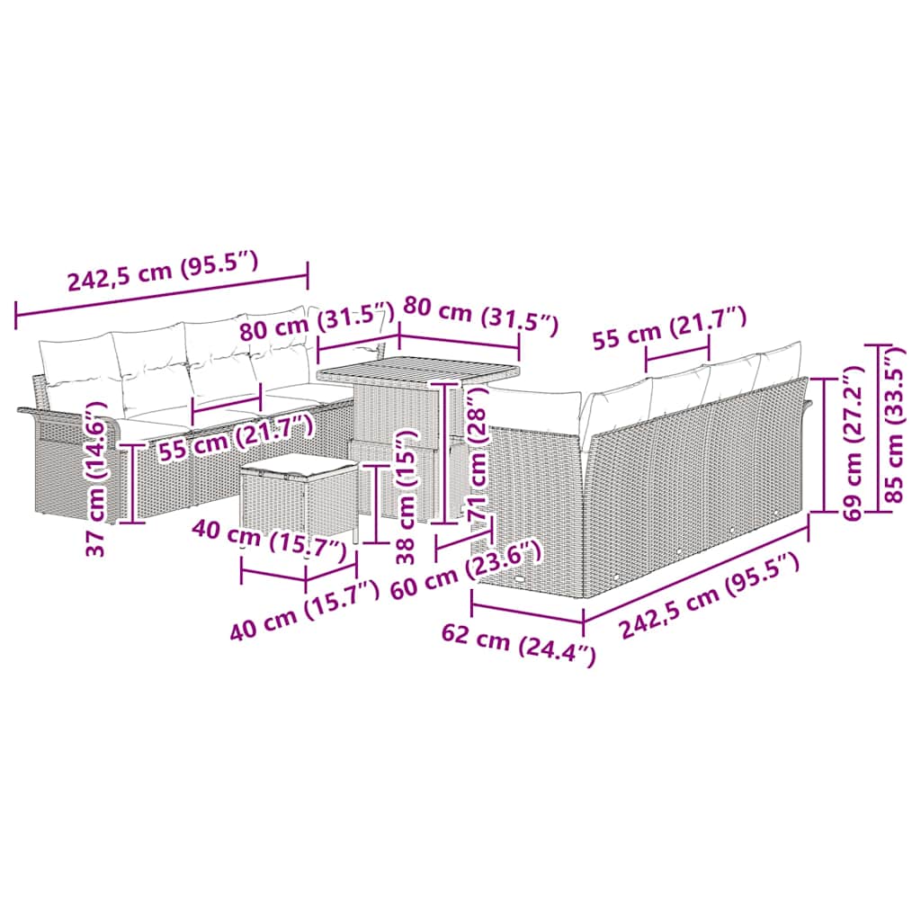 Conjunto de sofás de jardín 11 pcs Beige ratán sintético