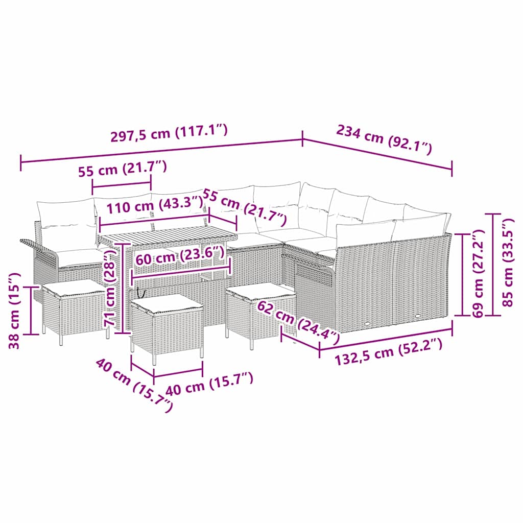 Conjunto de sofás de jardín 13 pcs Beige ratán sintético