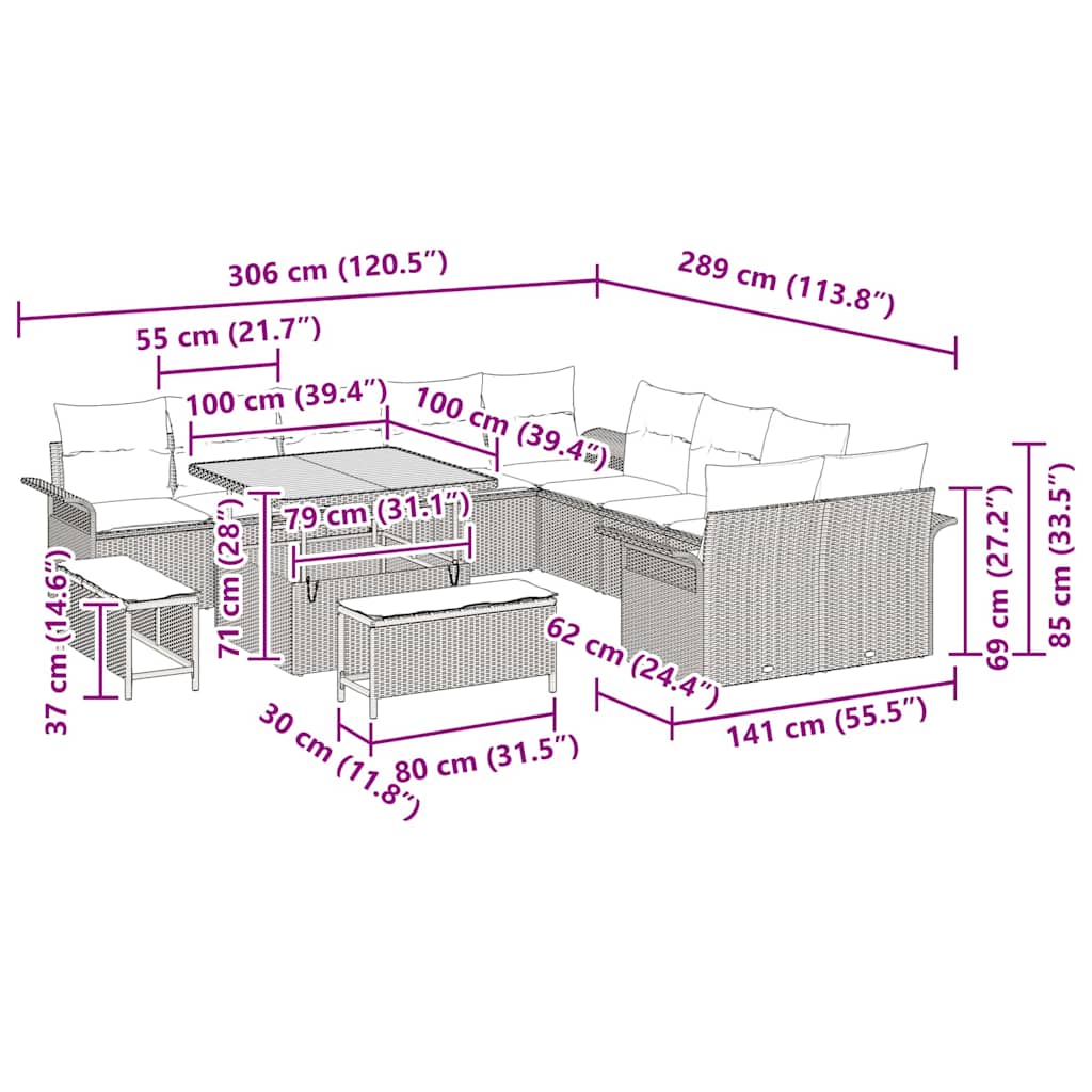 Conjunto de sofás de jardín 13 pcs Gris ratán sintético