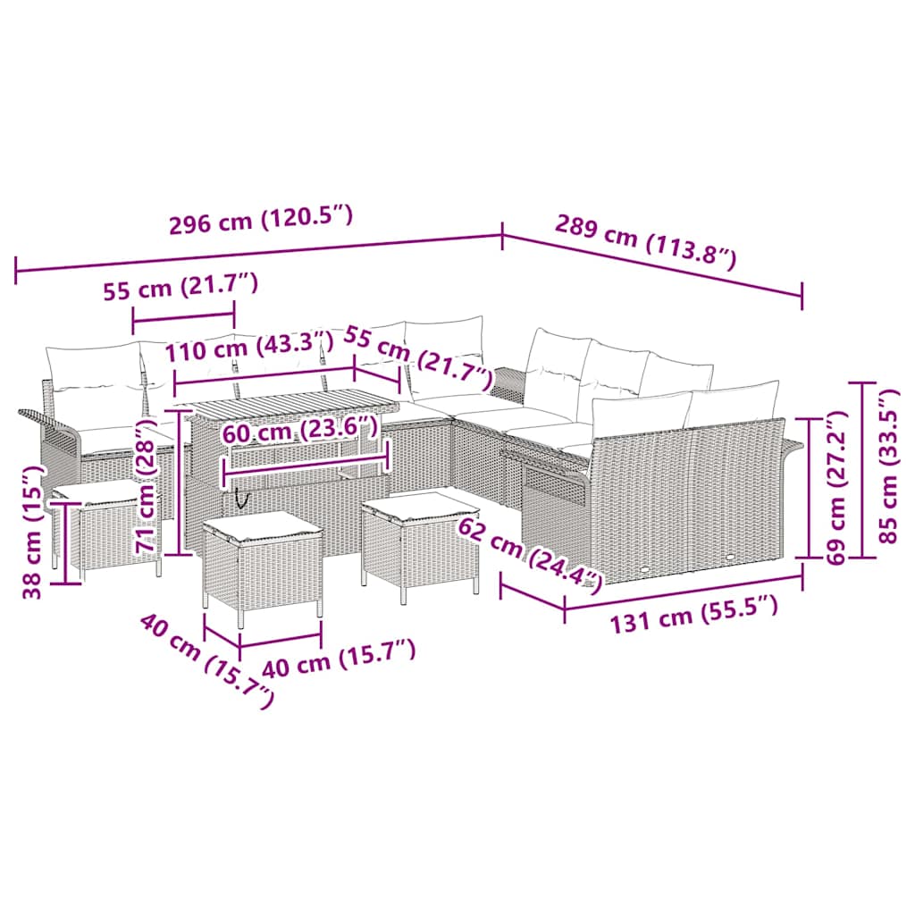 Conjunto de sofás de jardín 14 pcs Beige ratán sintético