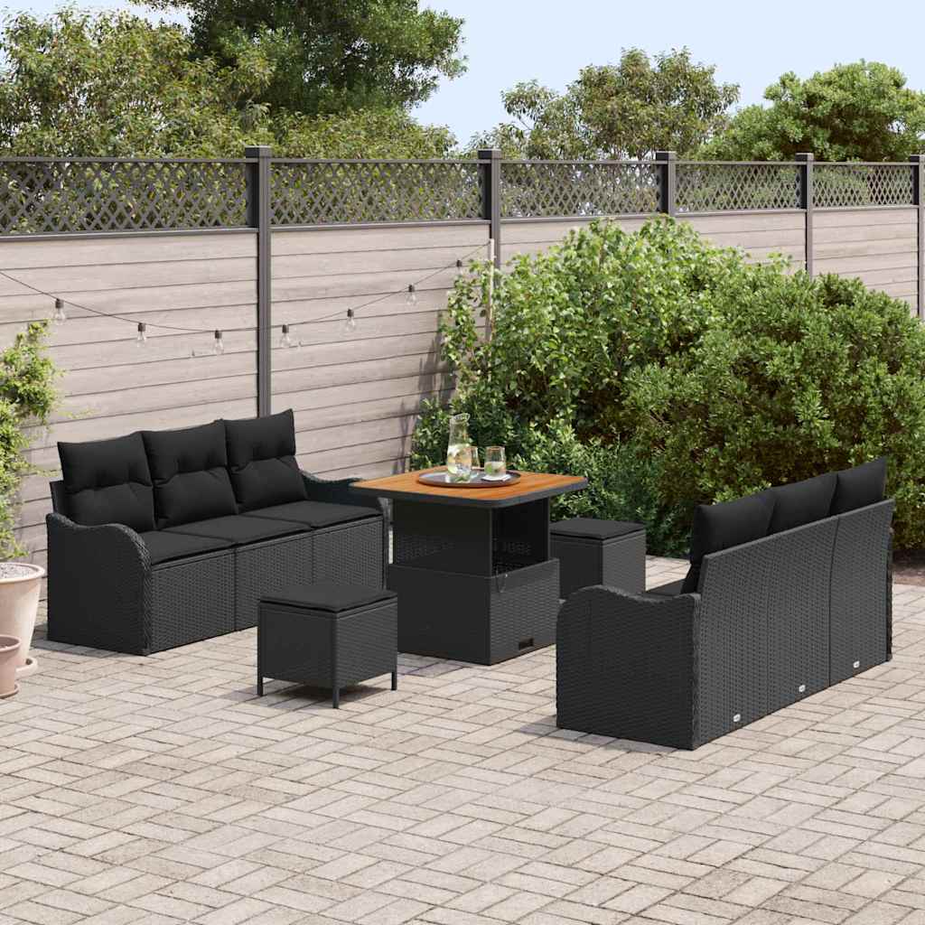 Conjunto de sofás de jardín 9 pcs Negro ratán sintético
