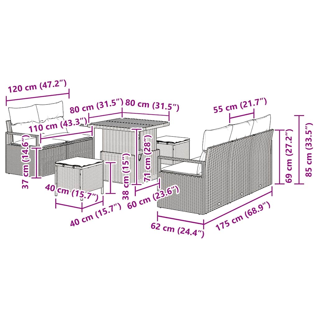 Conjunto de sofás de jardín 8 pcs Gris ratán sintético