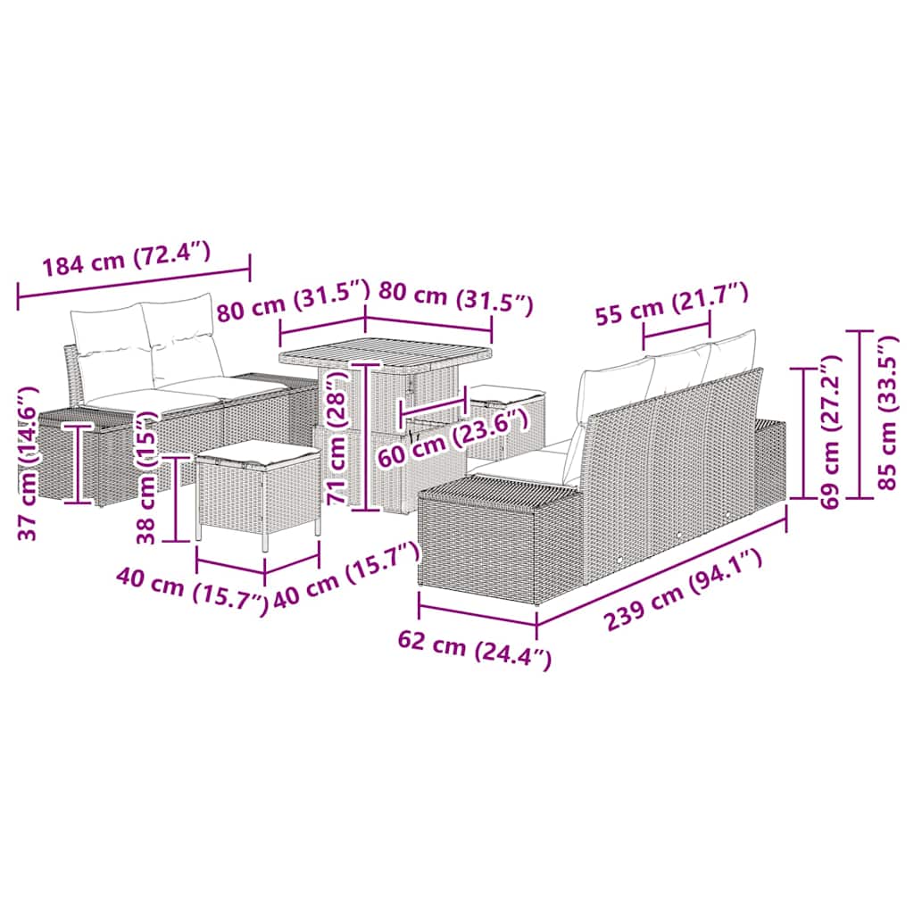 Conjunto de sofás de jardín 8 pcs Gris ratán sintético